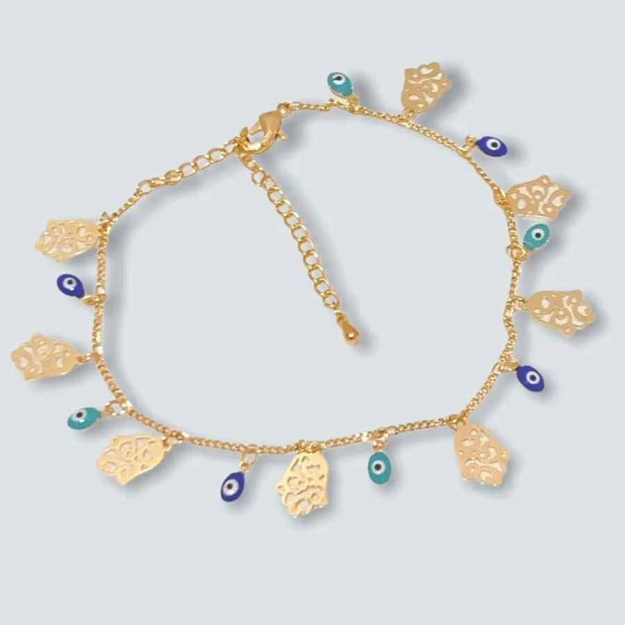 Blue and Turquoise Evil Eye Hamsa Anklet in 18k Gold