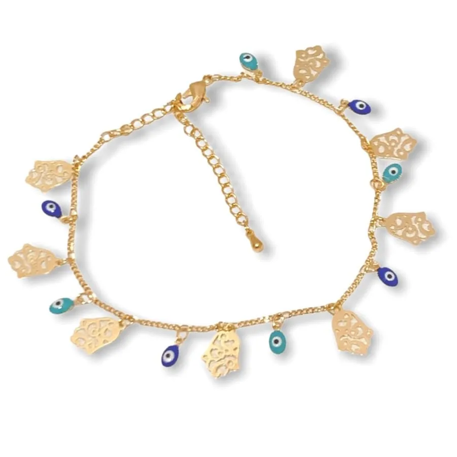 Blue and Turquoise Evil Eye Hamsa Anklet in 18k Gold