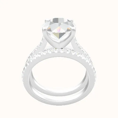Pave Cathedral Engagement Ring With Four Prong Head and Matching Band