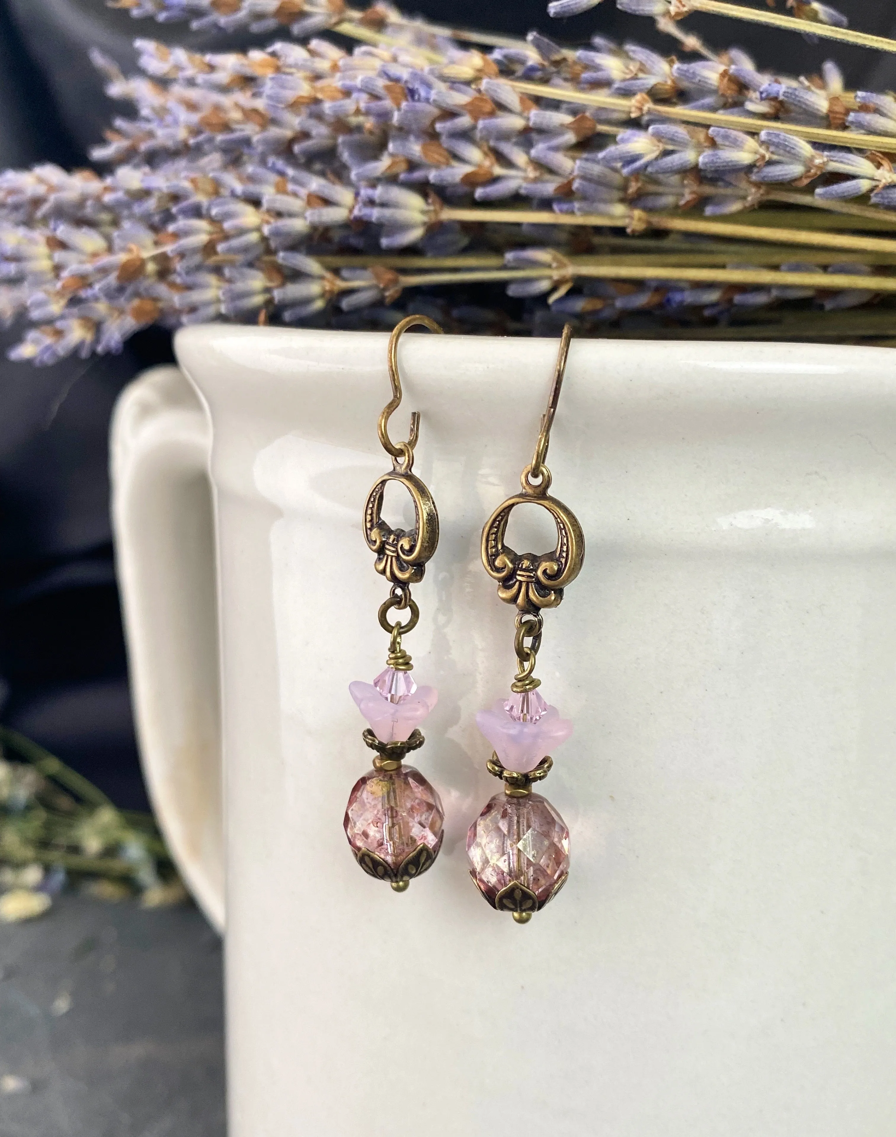 Pink Czech Glass, Bronze Flower Bead Caps, and Bronze Metal Earrings