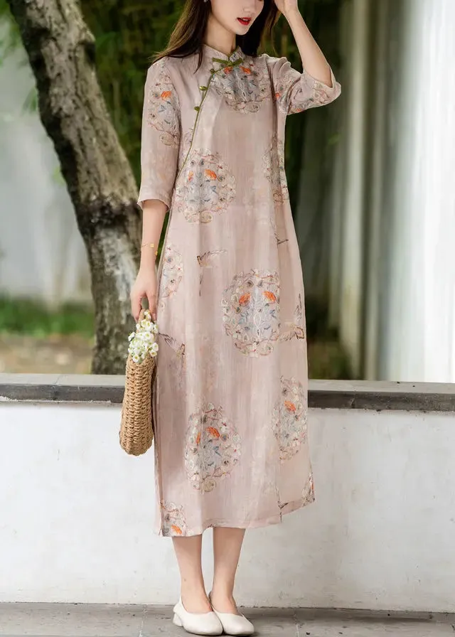 Pink Linen Summer Dress with Side Print