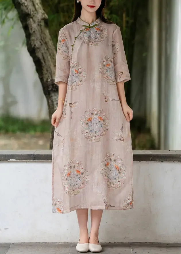 Pink Linen Summer Dress with Side Print