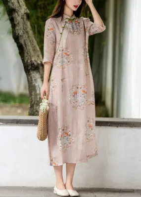 Pink Linen Summer Dress with Side Print