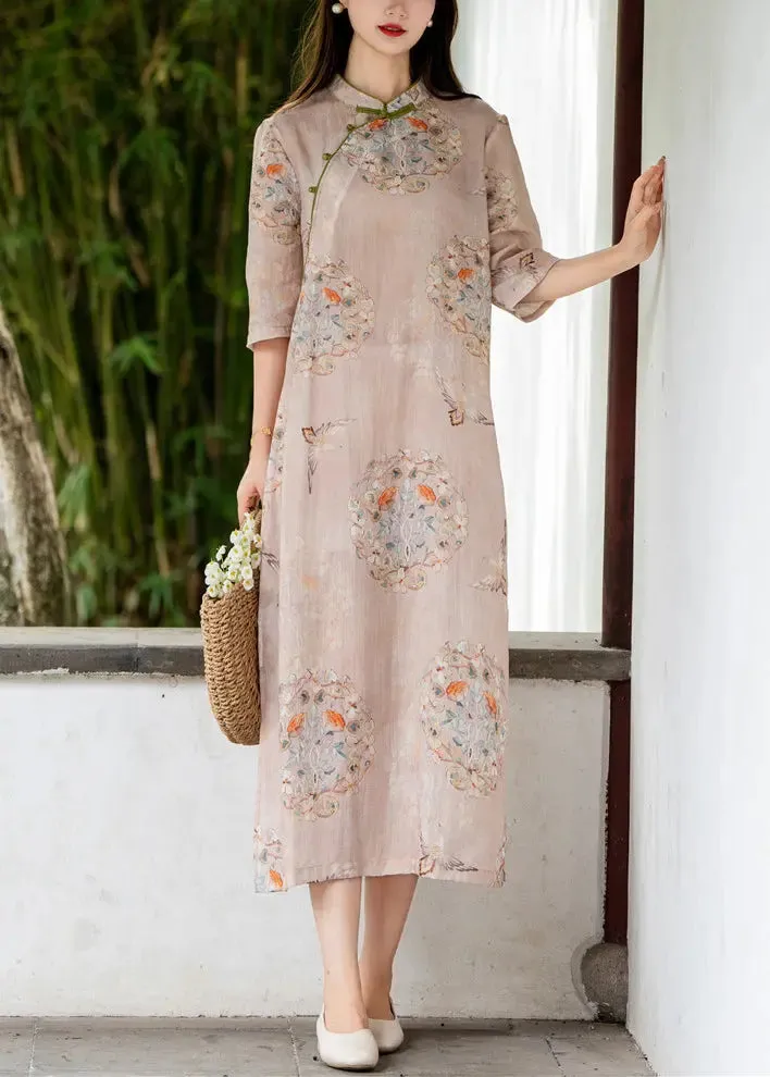 Pink Linen Summer Dress with Side Print