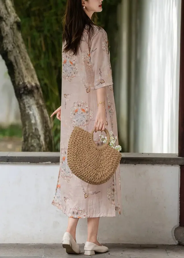 Pink Linen Summer Dress with Side Print