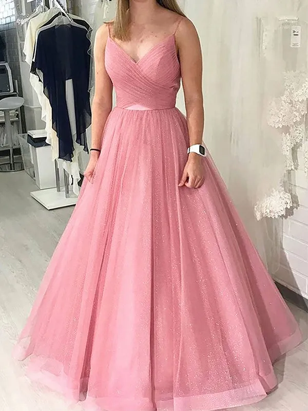 Feminine Pink V-neck A-line Tulle Prom Evening Gown