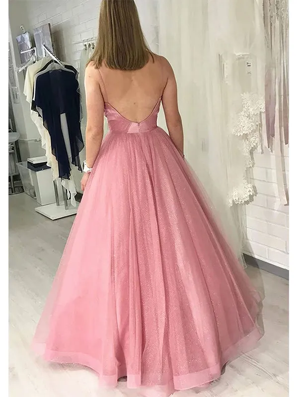 Feminine Pink V-neck A-line Tulle Prom Evening Gown