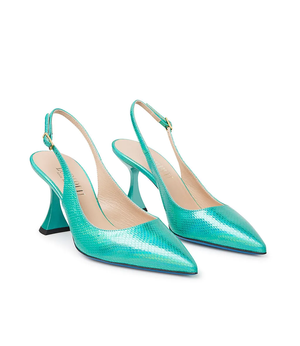 Printed Emerald Green Leather Slingback Pumps