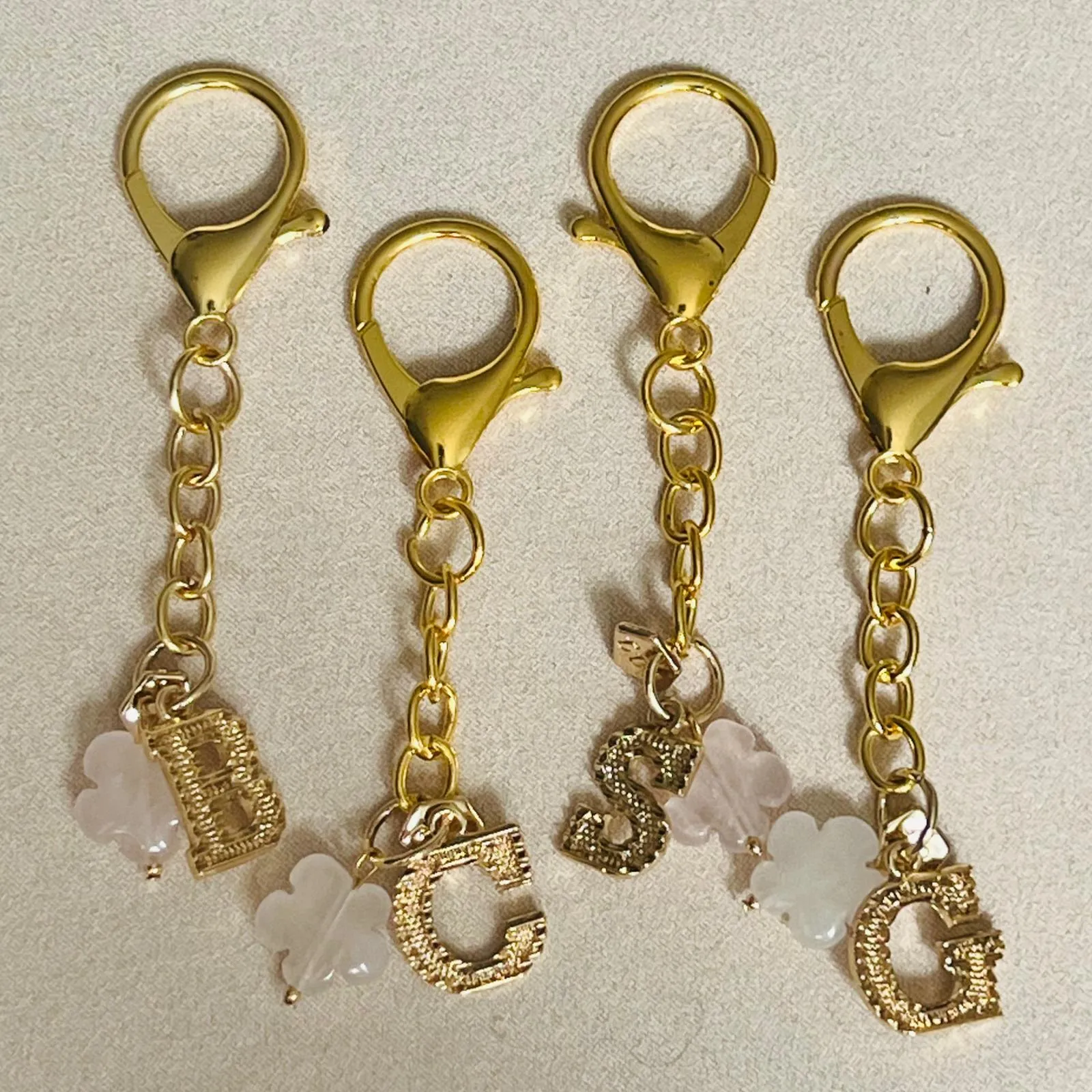 Rose Quartz Flower Bag Charm & Big Letter Key Ring