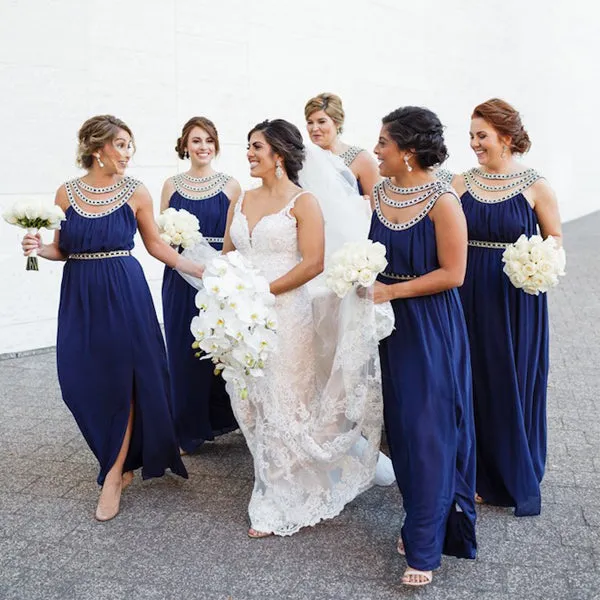 split sleeveless long royal blue bridesmaid dresses