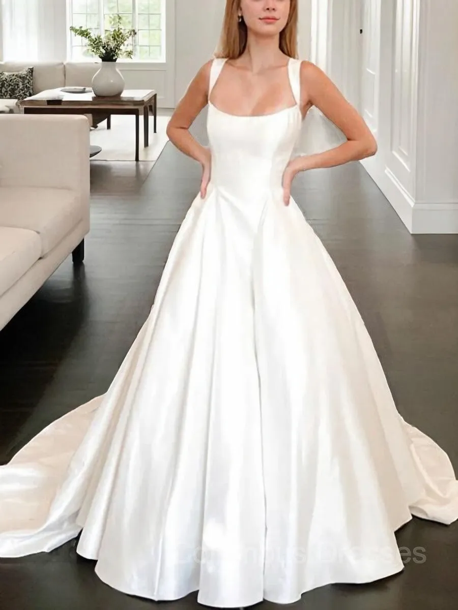 Straps Court Train Ball Gown Satin Wedding Dress