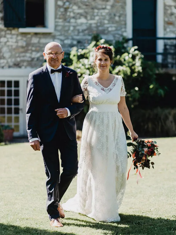 Elegant Off-shoulder Wedding Dress with Side Slit Lace Appliques