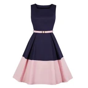 Sleeveless Office Dress with Pockets - Patchwork Swing Dress for Women