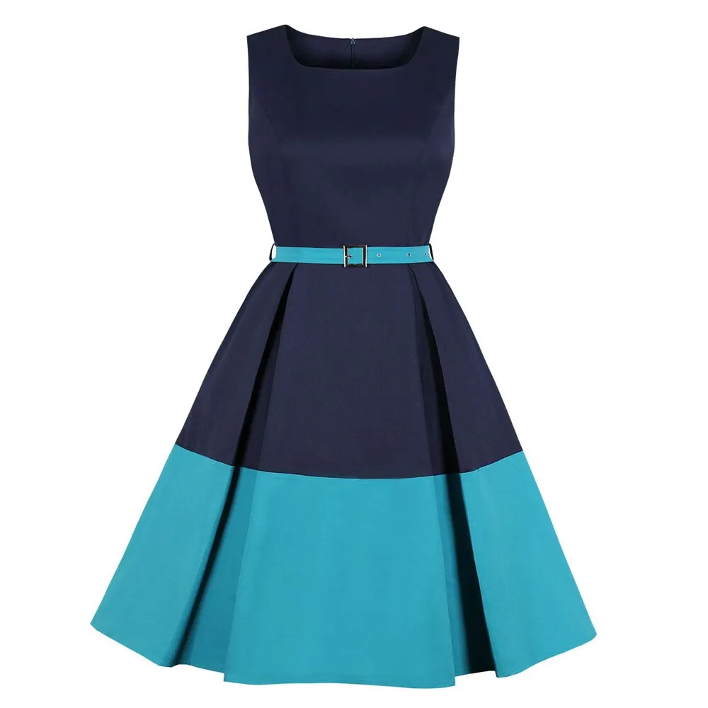 Sleeveless Office Dress with Pockets - Patchwork Swing Dress for Women