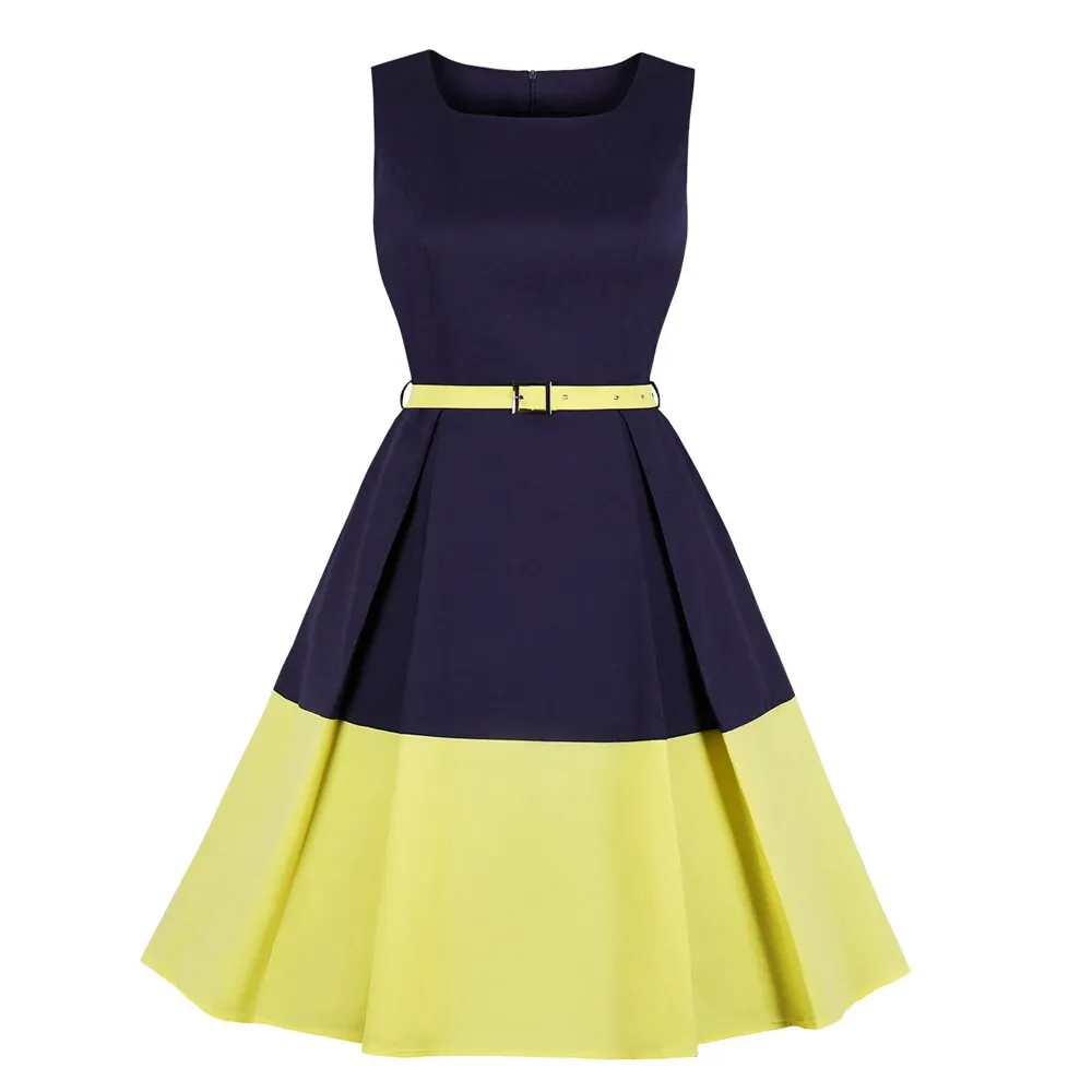 Sleeveless Office Dress with Pockets - Patchwork Swing Dress for Women