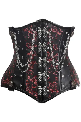 Black/Red Steel Boned Underbust Corset with Chains & Clasps