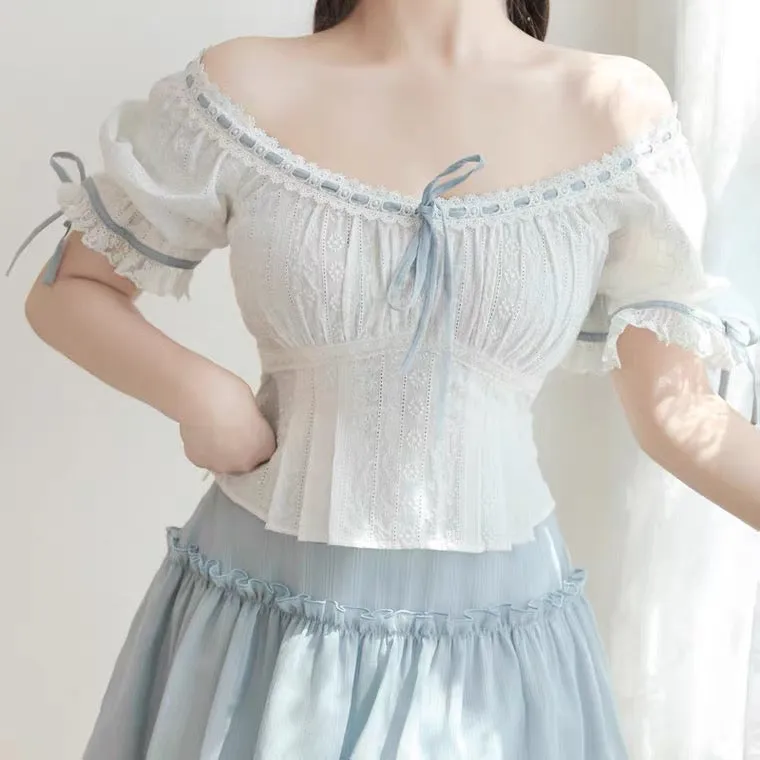 Blue Ribbon Off-Shoulder Blouse