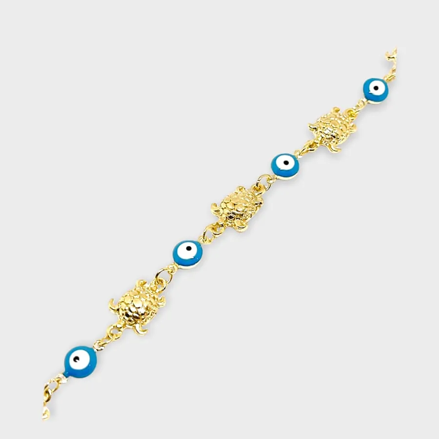 18K Gold Plated Filigree Hamsa Hands with Blue and Turquoise Evil Eye Charm Anklet