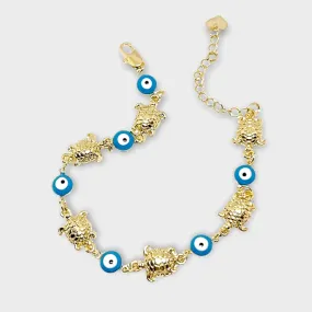 18K Gold Plated Filigree Hamsa Hands with Blue and Turquoise Evil Eye Charm Anklet