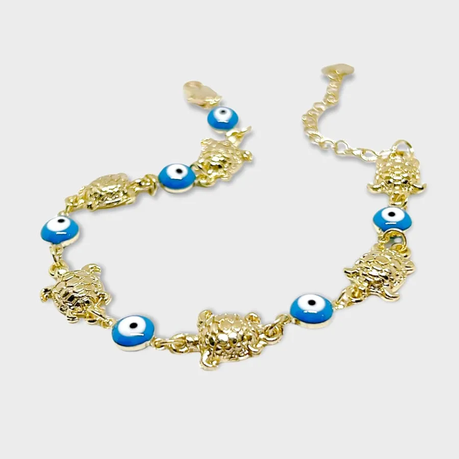 18K Gold Plated Filigree Hamsa Hands with Blue and Turquoise Evil Eye Charm Anklet