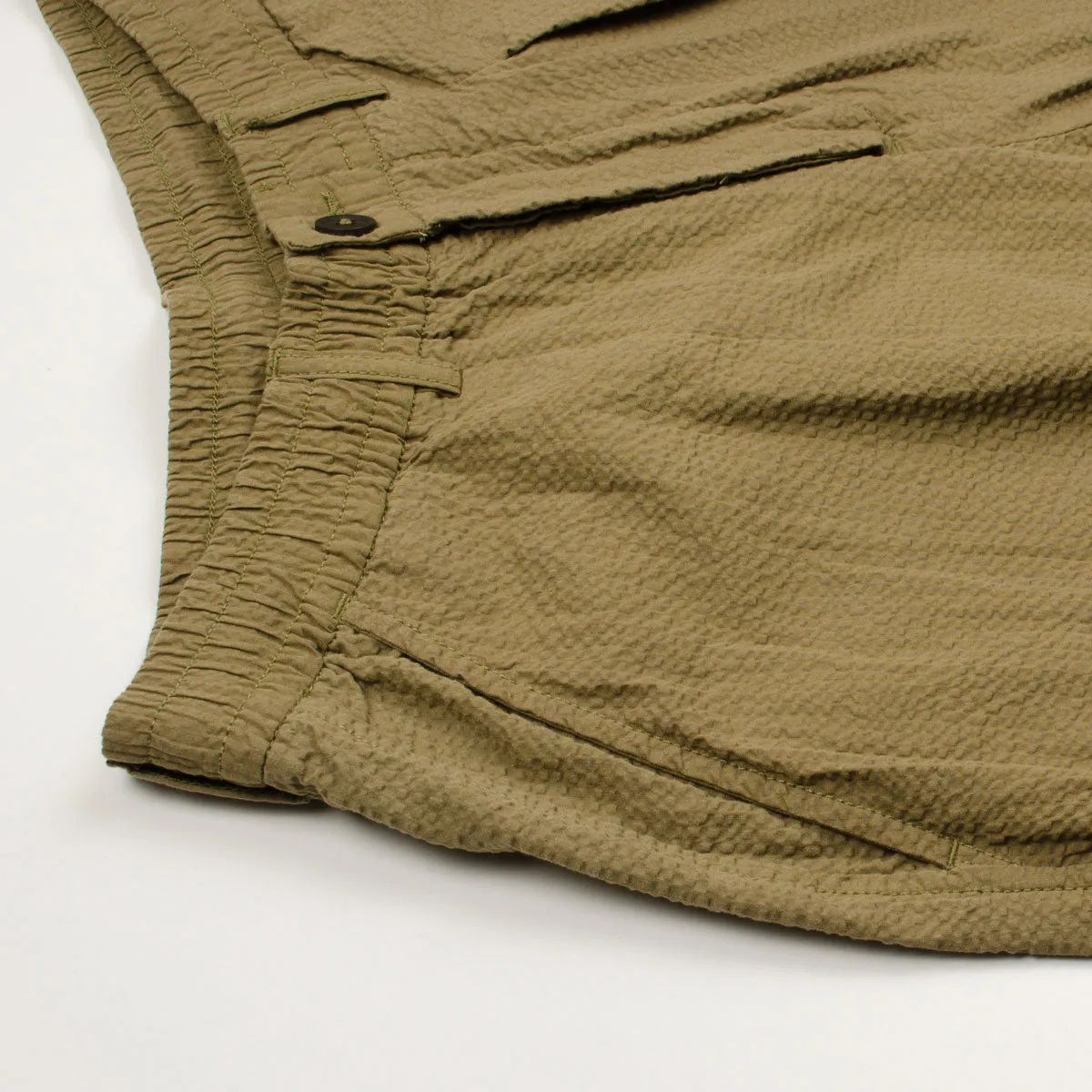 Universal Works Pleated Track Pant in Olive Green Seersucker