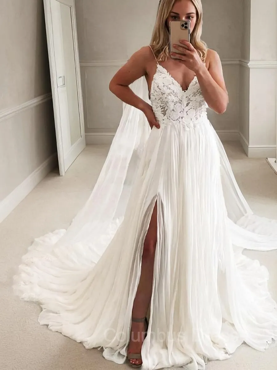 V-neck Chapel Train Chiffon A-Line Wedding Dress