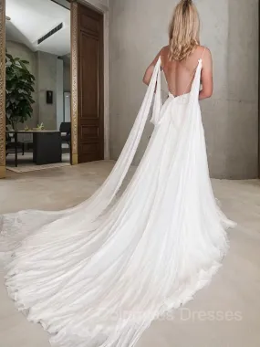 V-neck Chapel Train Chiffon A-Line Wedding Dress