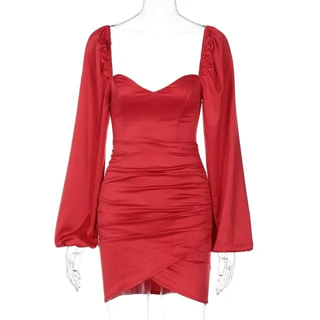 Pleated Zipper Club Party Dress with Lantern Sleeves for Women