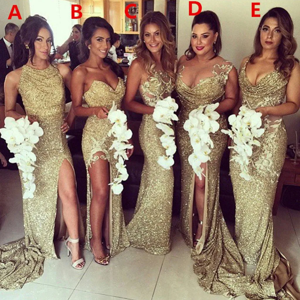 Chic Gold Sequin Mismatched Bridesmaids Dresses