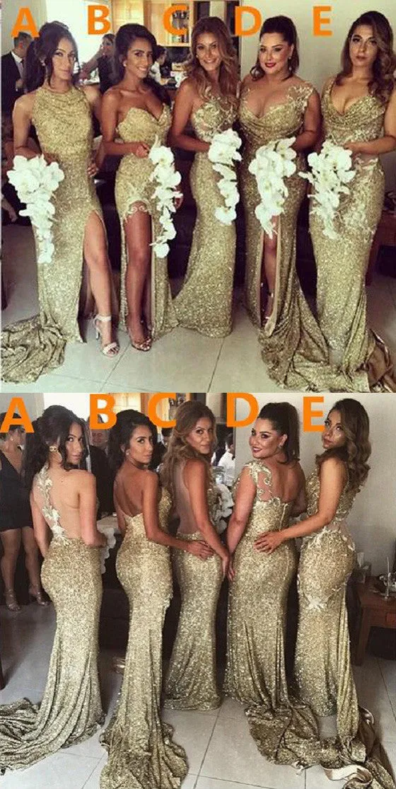 Chic Gold Sequin Mismatched Bridesmaids Dresses