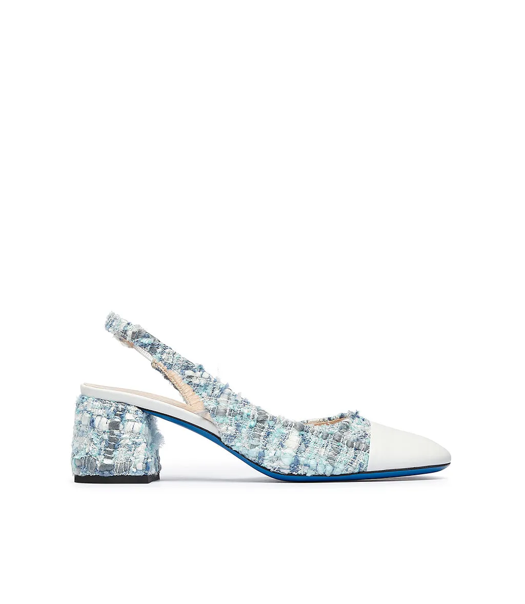 White Nappa Leather Light Blue Tweed Slingback Pumps