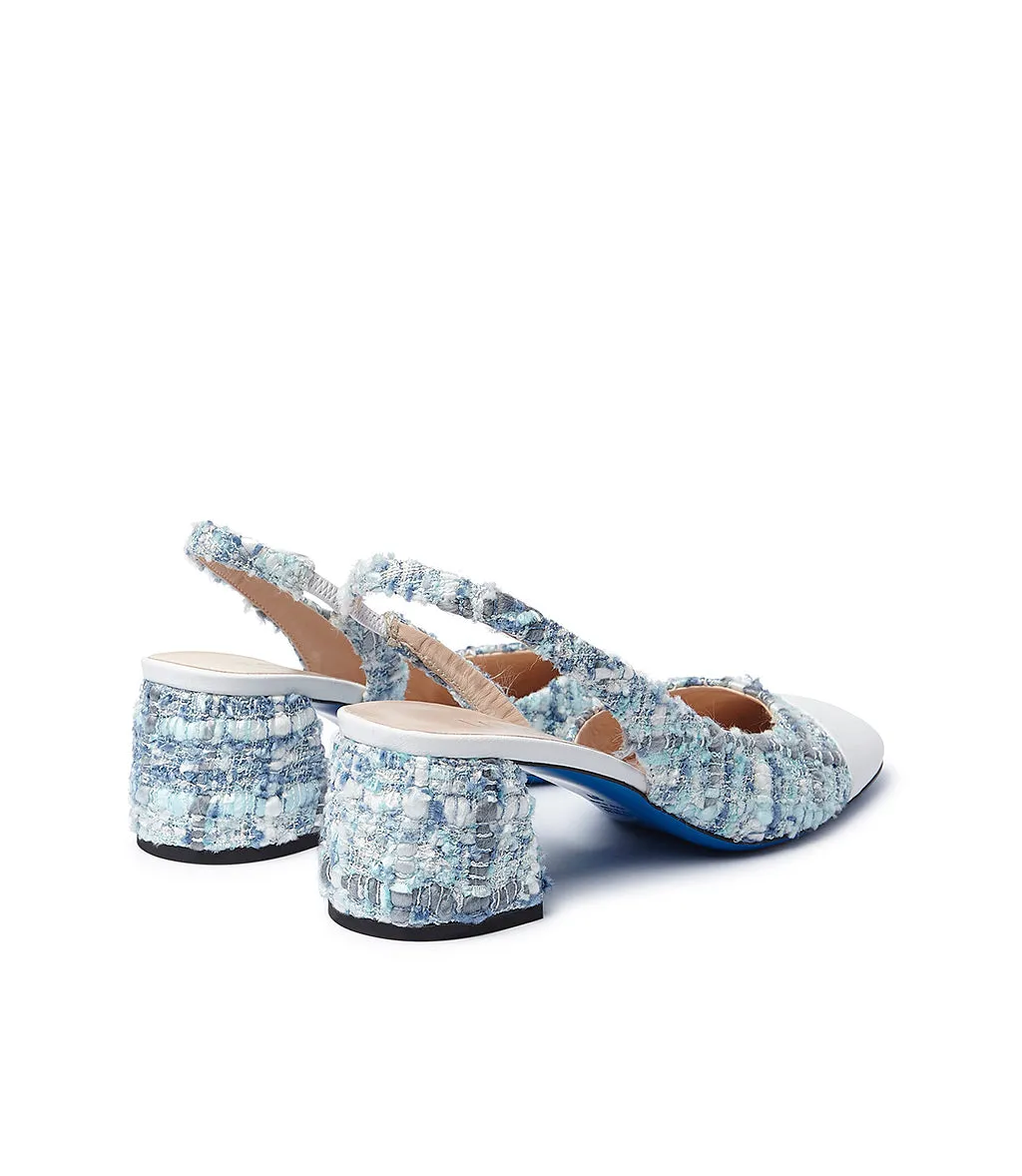 White Nappa Leather Light Blue Tweed Slingback Pumps