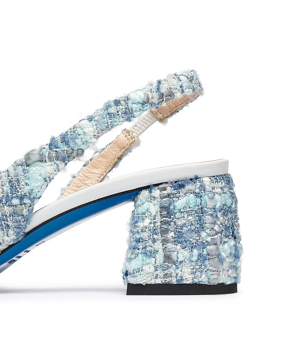 White Nappa Leather Light Blue Tweed Slingback Pumps