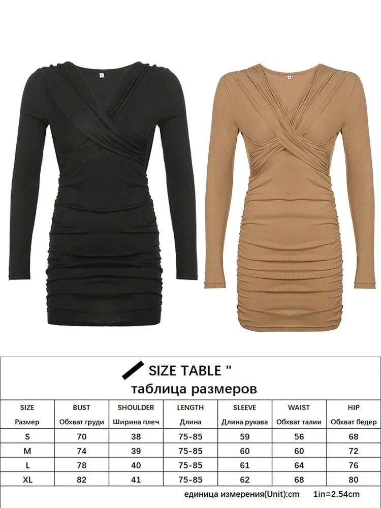 Sexy Solid V Neck Mini Bodycon Dress with Long Sleeves