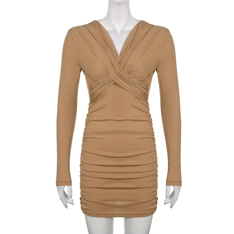 Sexy Solid V Neck Mini Bodycon Dress with Long Sleeves