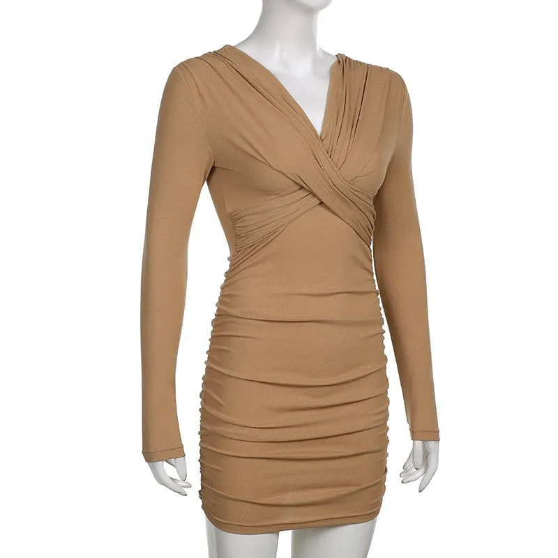 Sexy Solid V Neck Mini Bodycon Dress with Long Sleeves